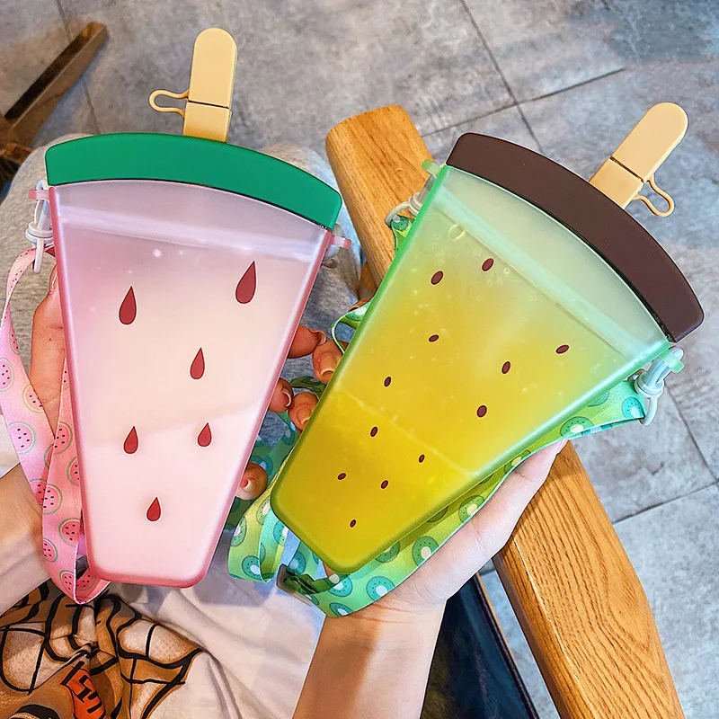 Creative Cute Watermelon Ice Cream Water Bottle Cute Strap Popsicle Summer Plastic Portable Water Bottle With Straw
