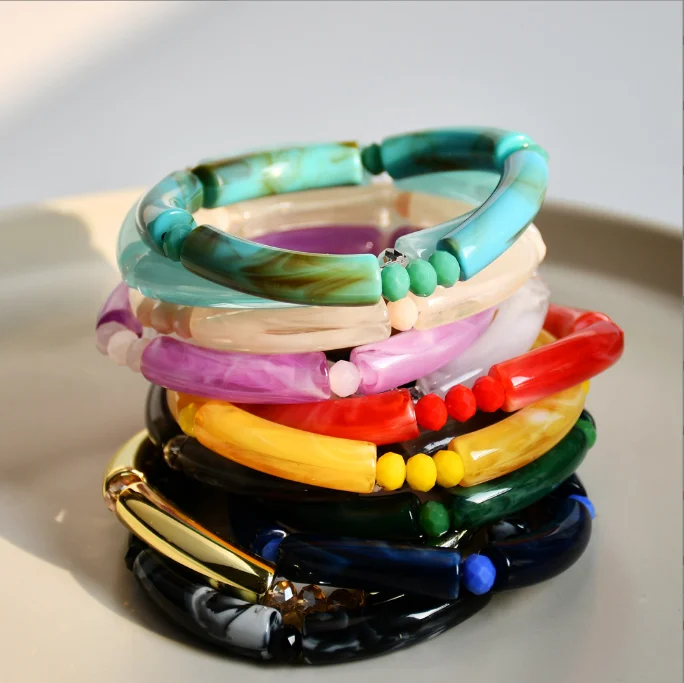newest fashion women elastic bracelet bincolor glitter acrylic tube bracelet resin bamboo bead Bracelet for girls