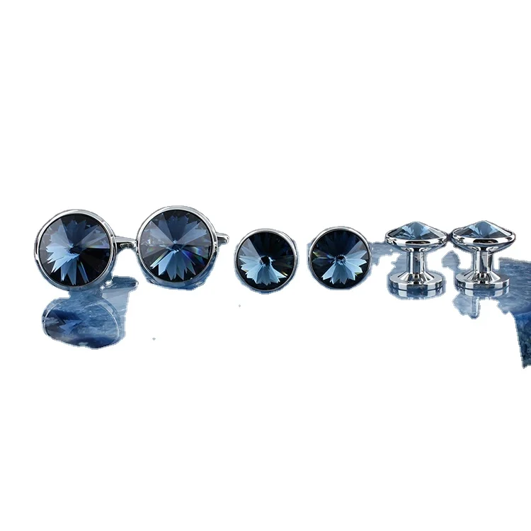2024 new boyi Dark Blue Crystal Cufflink and Studs Set for Mens Tuxedo Shirts Gift Box Brass Round Natural Crystal Watch