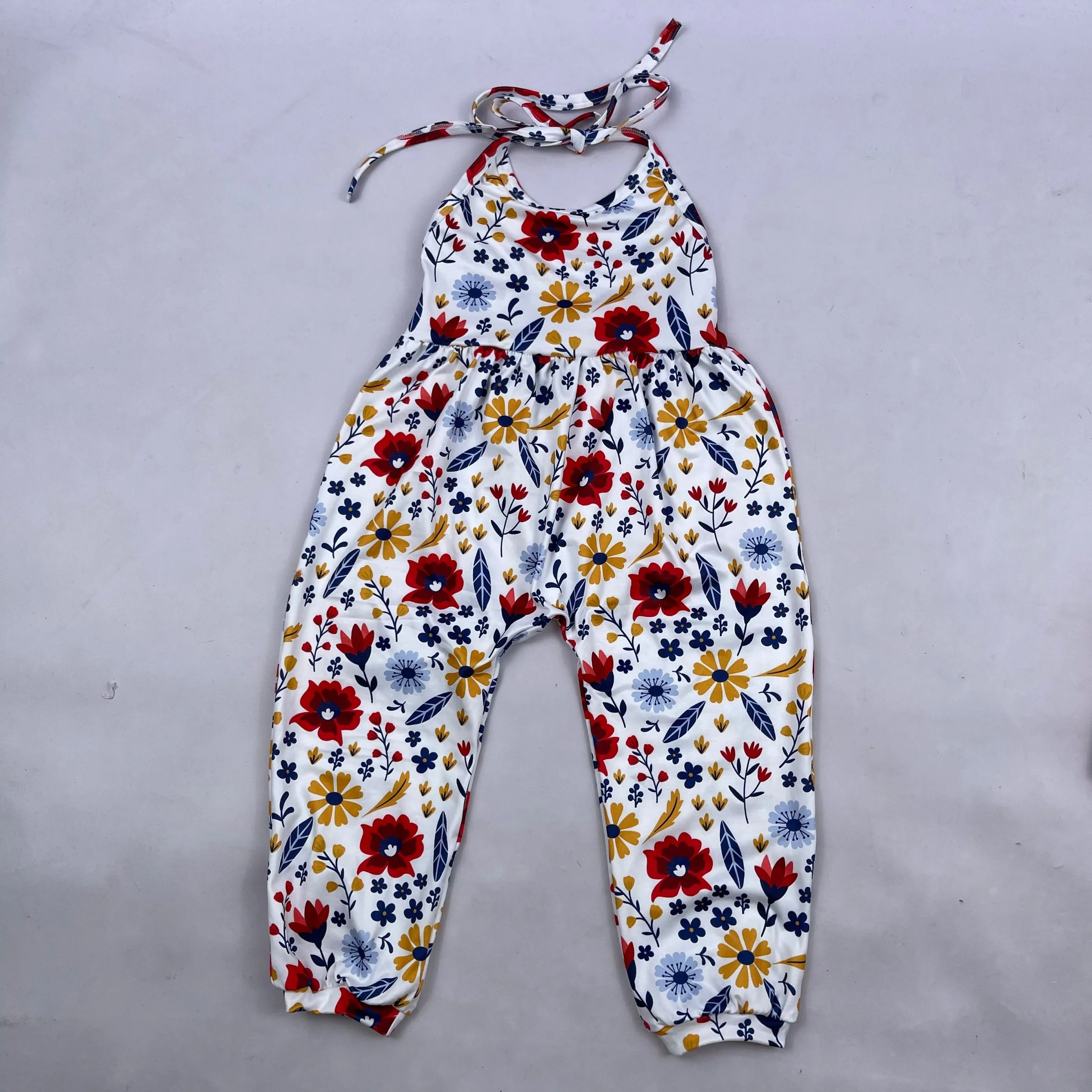 
Kids summer girls sleeveless tie back lace up fruit floral jumpsuit romper 