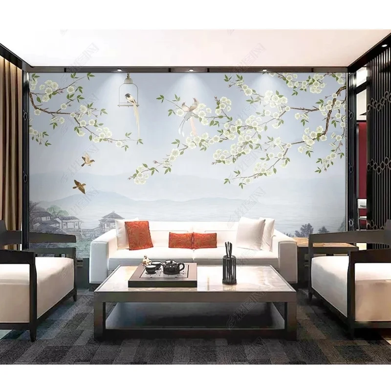 Customized HD Hot Sale Spring River Flower and Bird Picture Living Room TV Background Wallpaper