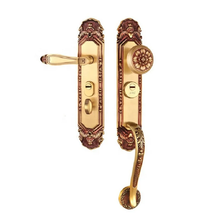 American villa home high security double pull set luxury brass handles door lock for wooden door