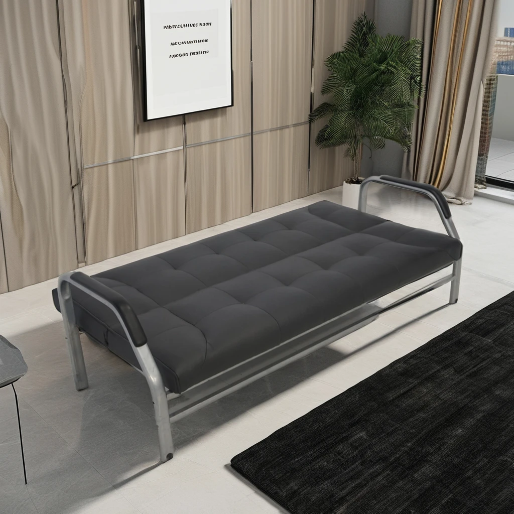 Office Furniture Leather Cover Flat Pack Folding Futon High Quality Big Size Metal Arms Sofa Cum Bed Design For Apartment School