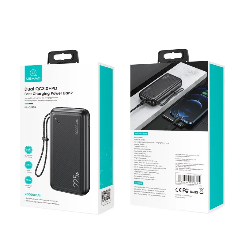 USAMS Strap Design PD QC power bank 20000mah portable battery 22.5W pd power bank