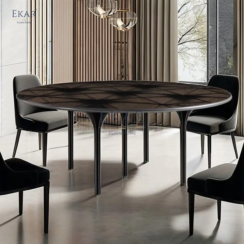 Elegant Modern round Dining Table Sturdy Metal Base & Glass Top for Home Villa Hotel Kitchen Dining Room Furniture