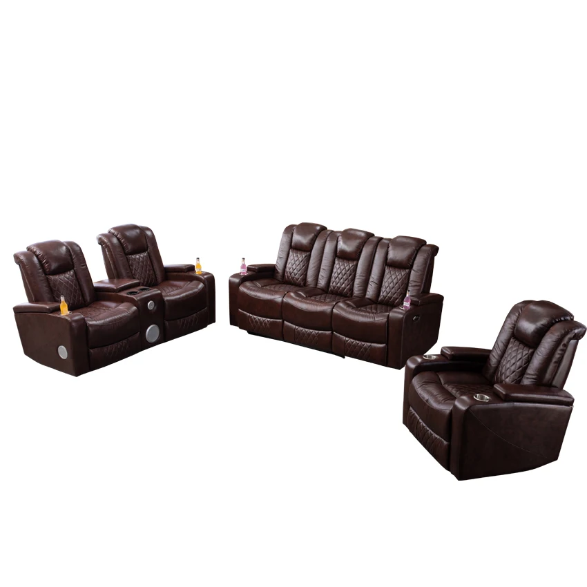 Luxury Genuine Leather Multifunctional Recliner Sofa Set with Cooling Cup Holder for Living Room