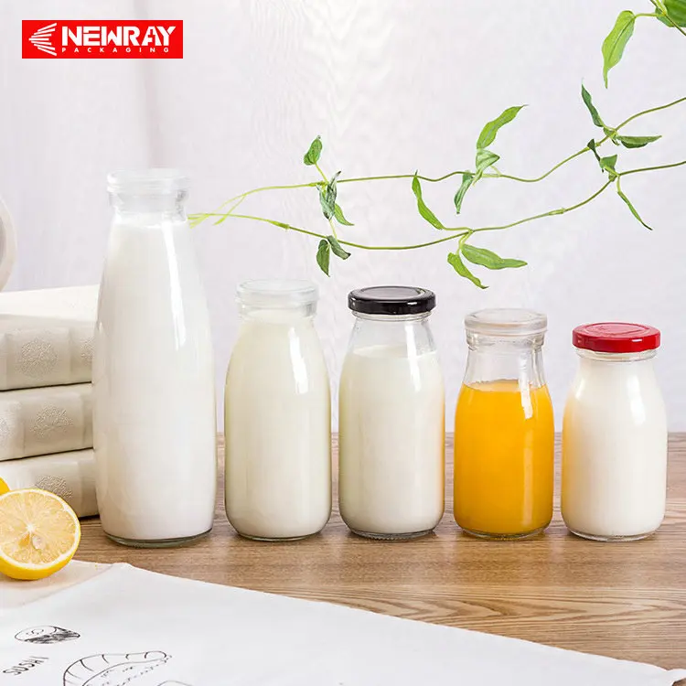 Wholesale price custom logo transparent glass milk bottles of various sizes 200ml 250ml 500ml 1000ml 6oz 8oz 16oz 32oz