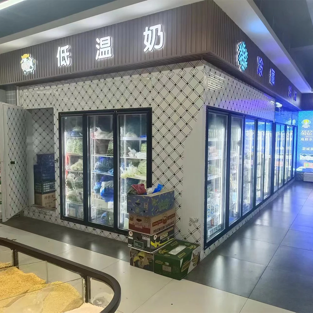Большие шкафы коммерческие супер охлажденные продукты и напитки трехслойные дверные стеклянные вертикальные открытые витрины