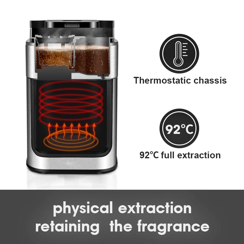 Coffee Maker Machine with Grinder Digital LED Display Screen Grinding Bean to Cup Stainless Steel 1.25L Electric LCD 2 in 1 1050