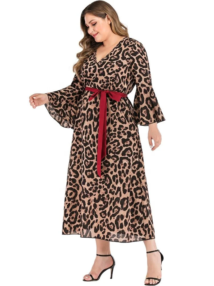 
Spring Women Loose Long Sleeve V Neck Red Tie Lace Up Sexy Plus Size Leopard Maxi Dress 