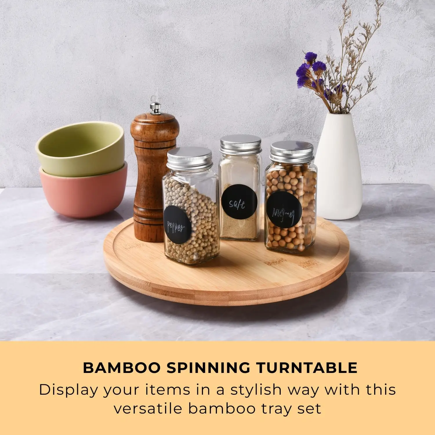 Bamboo Lazy Susan Spinning Organizer Turntable - 10x10-Inch Revolving Condiment and Spice Rack-Rotating Bamboo Wood Organizer