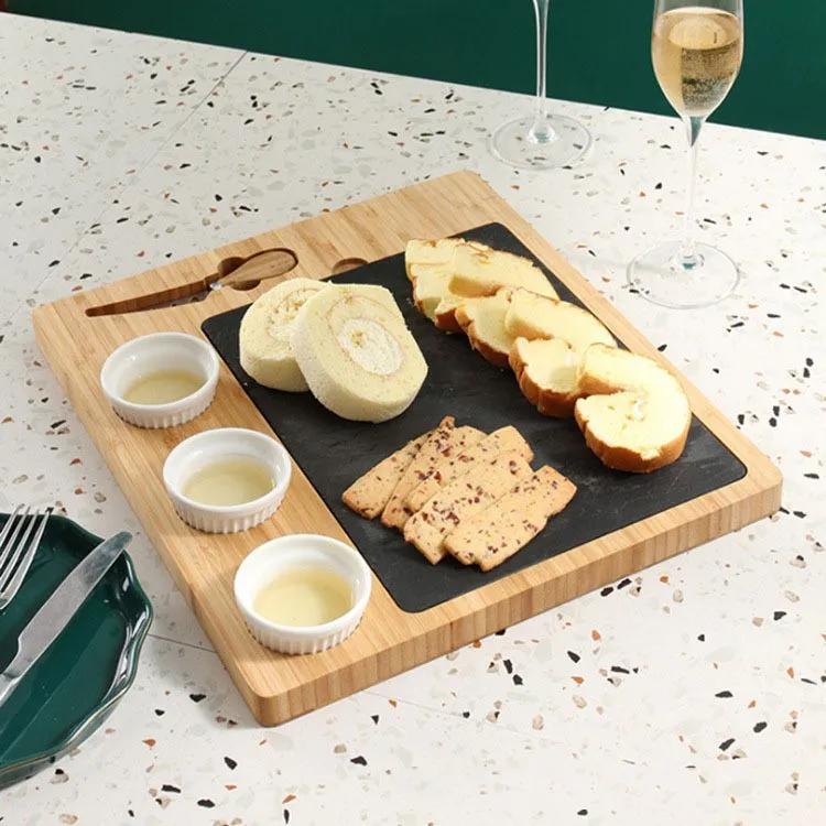 3 Ceramic Sauce Dishes Black Slate Stone Barbecue Dessert Cheese Western Steak Plate Serving Board with Bamboo Tray