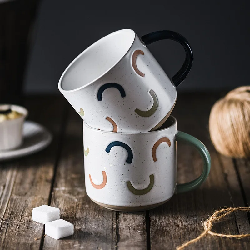 Customized Vintage Style Spotted Stoneware Mug Smile Design Color Glaze Ceramic Coffee Cup Pottery Mugs Clay Cup for Gifts