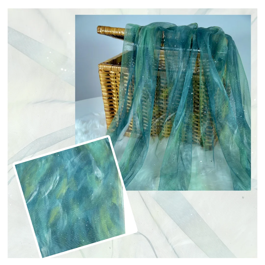 Breathable polyester fabrics for dresses and gowns with high quality mesh prints glitter fabric
