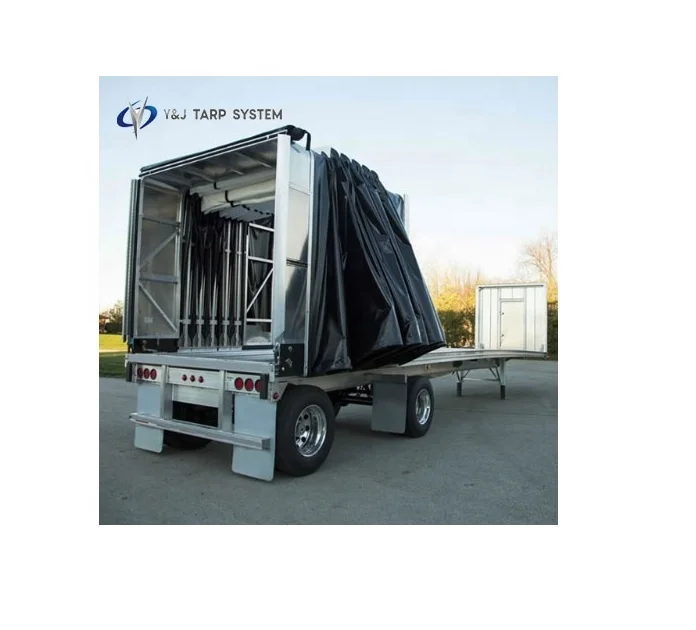 Custom light weight retractable sliding flatbed trailer tarping systems