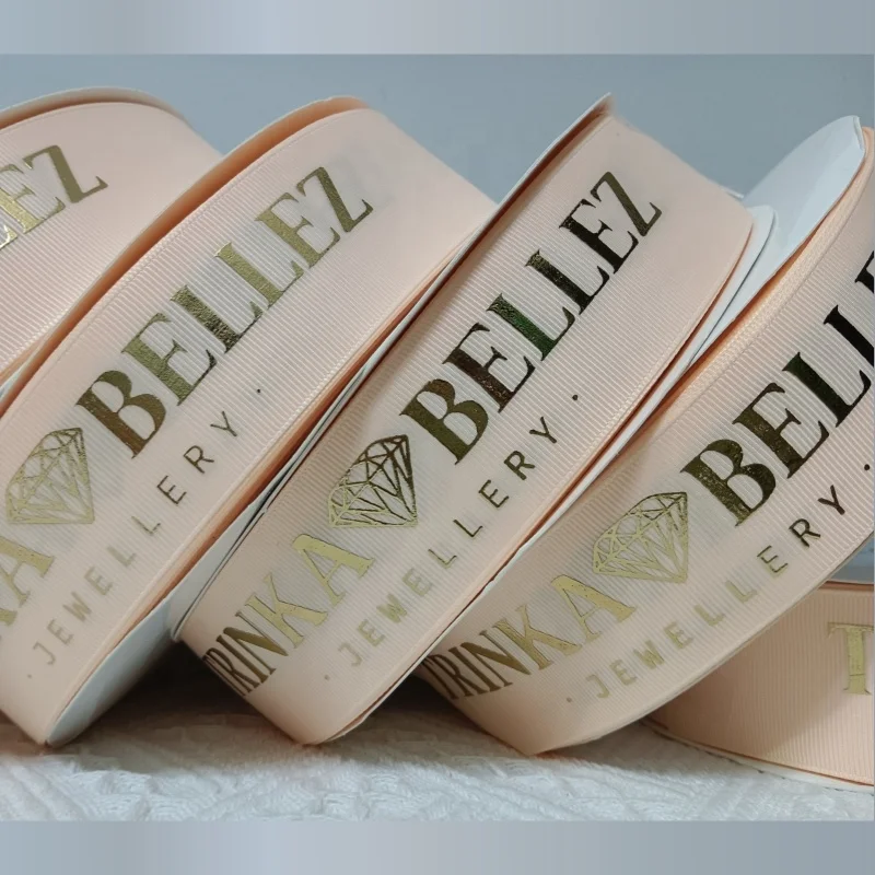 Luxurious Luokai own brand name printed raised gold foil printing white satin ribbon with logo