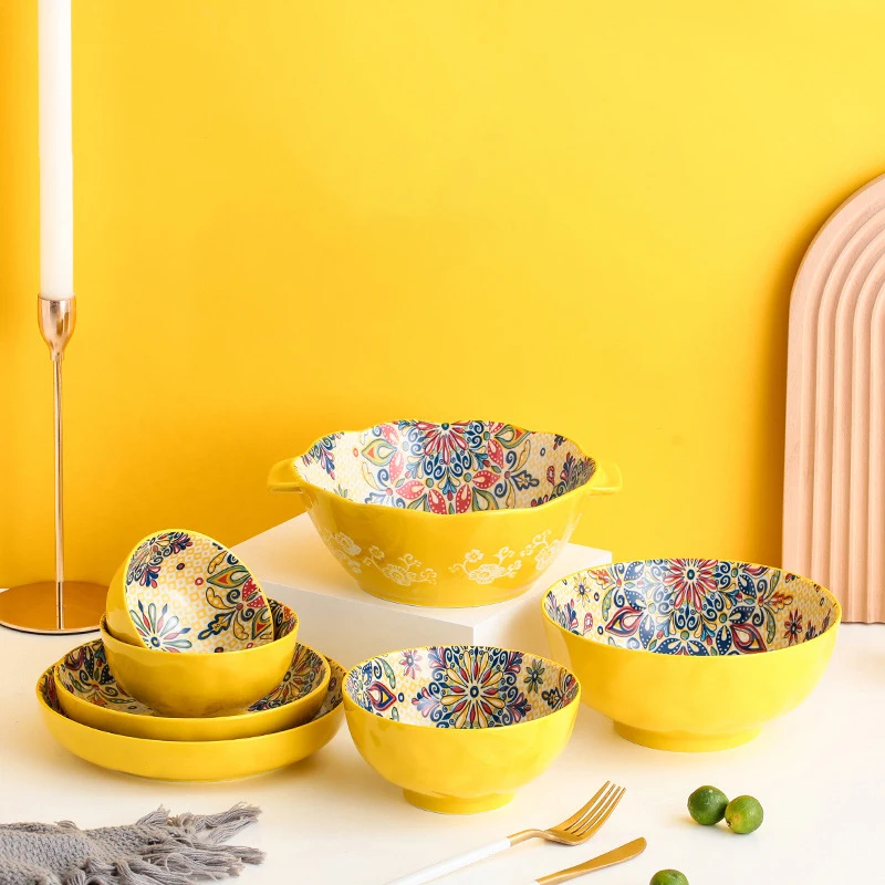 Wholesale Luxury porcelain dinnerware set floral yellow Pattern Ceramic mug saucer dish Tableware for Dinning