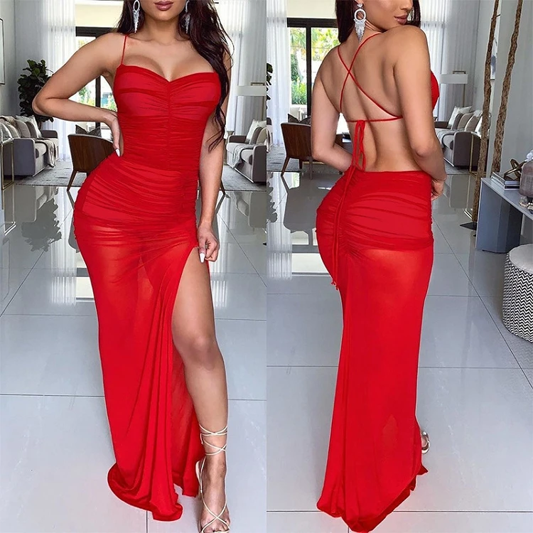 High Quality Summer Pleated Lace Up Casual Bodysuits Dresses For Woman Ladies Split Sexy Women Bodycon Maxi Dress