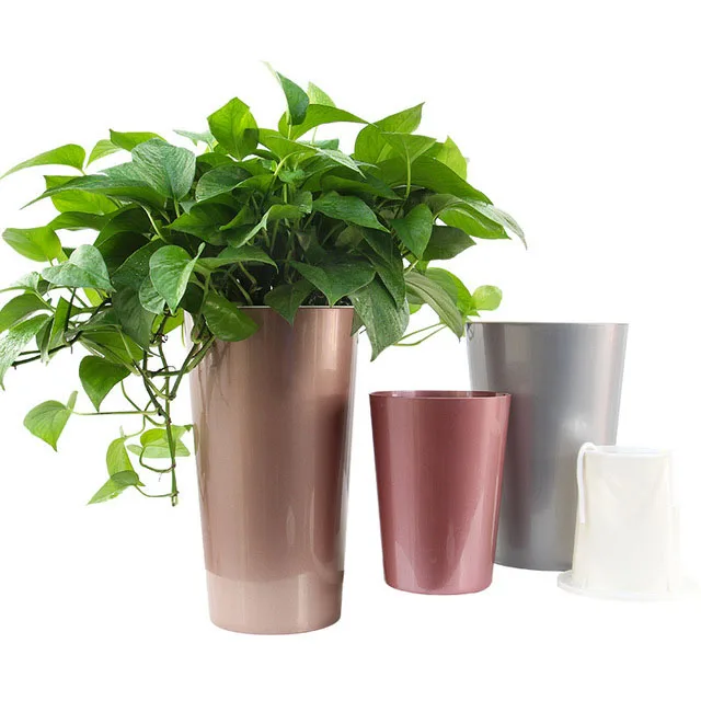 European Style High Bucket Spot Self Watering Plant Pots New Metal Color Plastic Flower Planter Pot