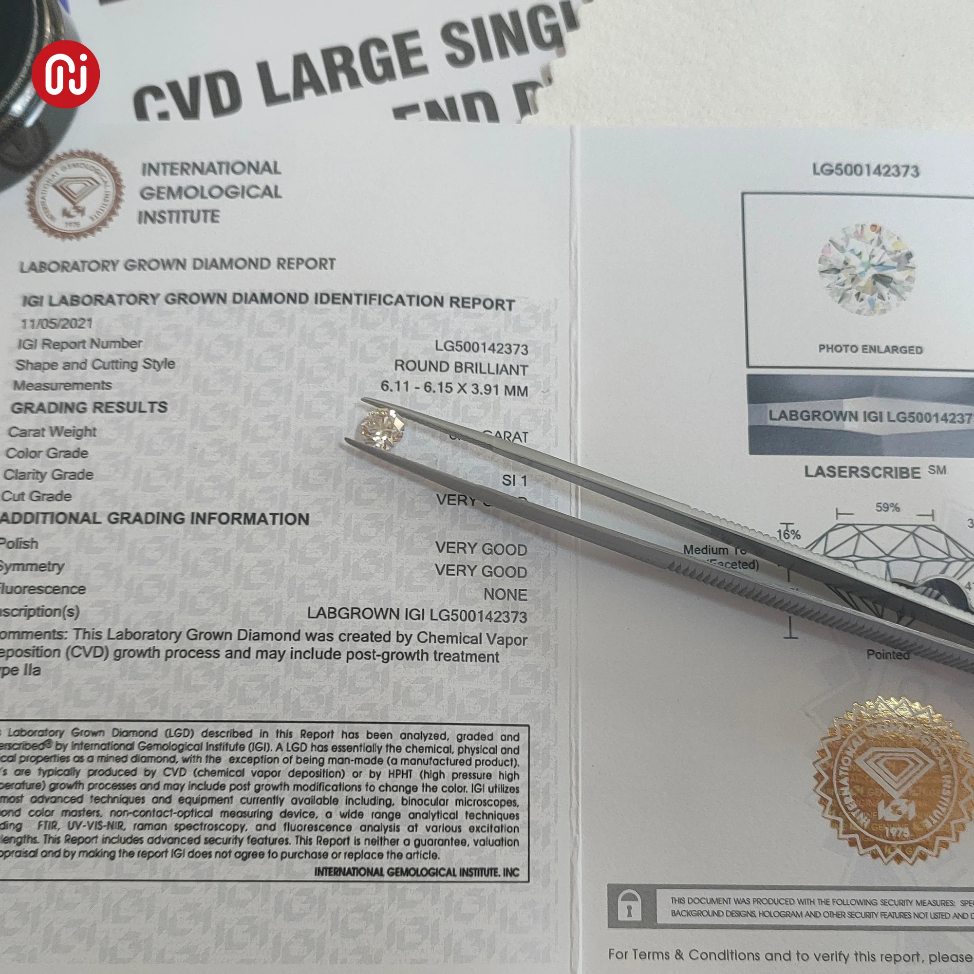 GIGAJEWE White Colors Round Cut 0.92ct  I color SI1 Clarity  Diamond with IGI Certificate CVD Diamond Polished