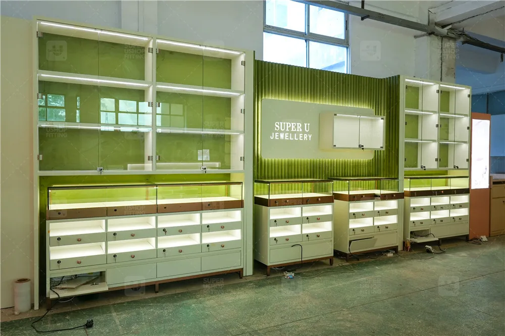 Trendy Glass Jewellery Store Wall Display Cabinet Fine Diamond Necklace Shop Furniture Luxury Jewelry Display Showcase for Sale