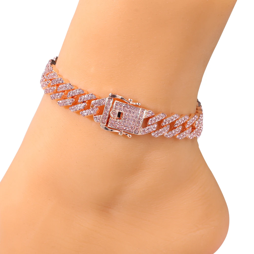 Pink Cuban Chain Pink Baguette Initial Letter Charms Anklets Women Bracelet Anklet with Letters