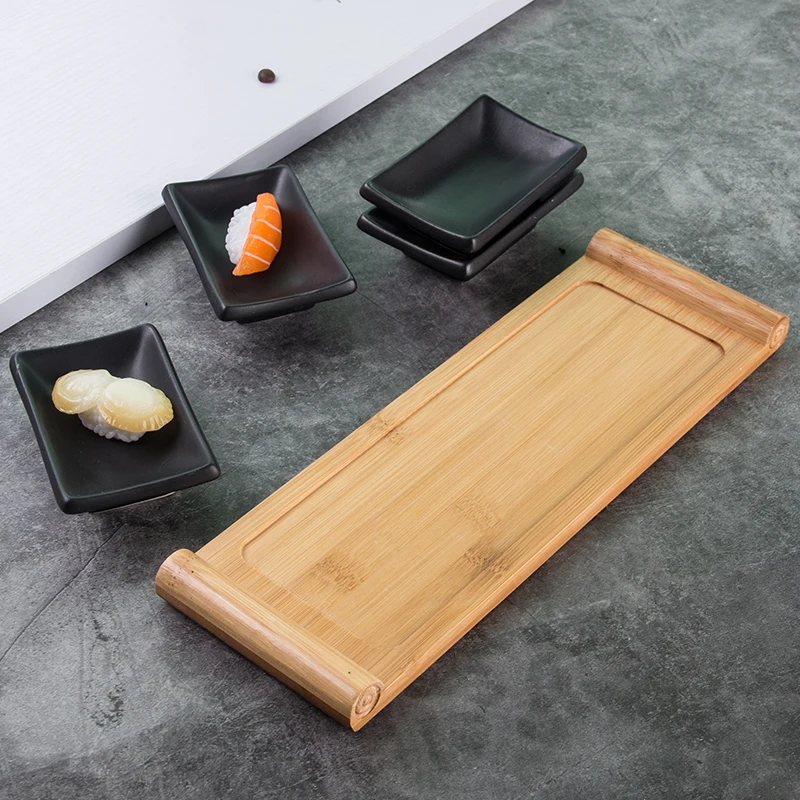 Japanese Style Tiktok Matte Black Rectangle Small Snack Dish Porcelain Sushi Plate Ceramic Black With Bamboo Tray