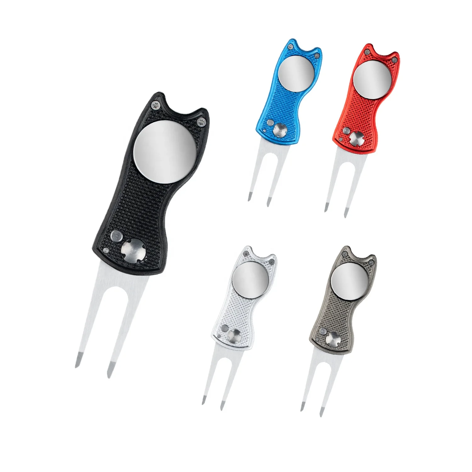Multi Color Custom Logo Retractable Stainless Steel Pitch Fork With Magnetic Ball Marker Foldable Golf Repair Divot Tool