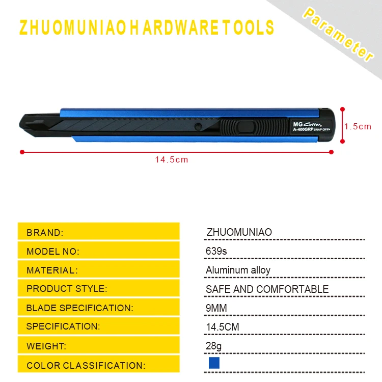 Aluminum Alloy Utility Knife Lockable 30 Degree Black 9MM Snap Off Blade Box Cutter Razor Knife