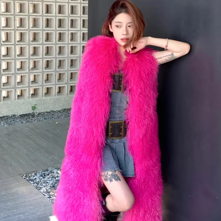 Fashion Mongolian Fur Vest Long Winter Warm Real Lamb Wool Fur Clothes Genuine Sheep Fur Waistcoat For Ladies