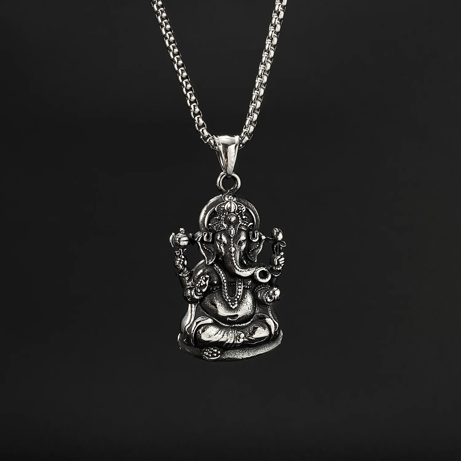 Vintage Stainless Steel Ganesha Necklace Hiphop Indian Buddha Necklaces for Women Couple Jewelry