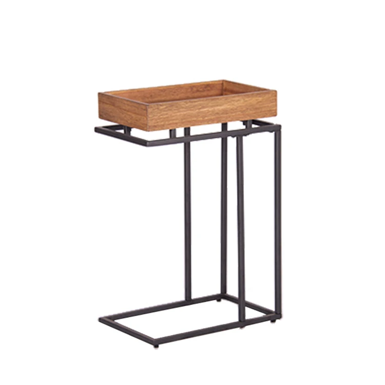 New Design C Shape Metal Leg Wooden Tray Bed Side Table For Living Room Furniture