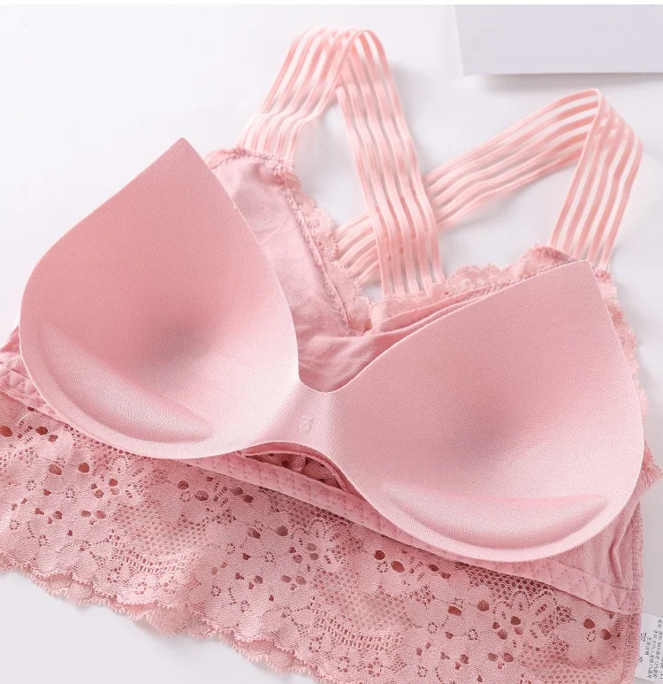 Lace Bralette Halter Bras Criss-cross Back Lace Bra Half Cup Bra Free Size Young Girls Sexy Plain Dyed Padded Deep V Neck Women