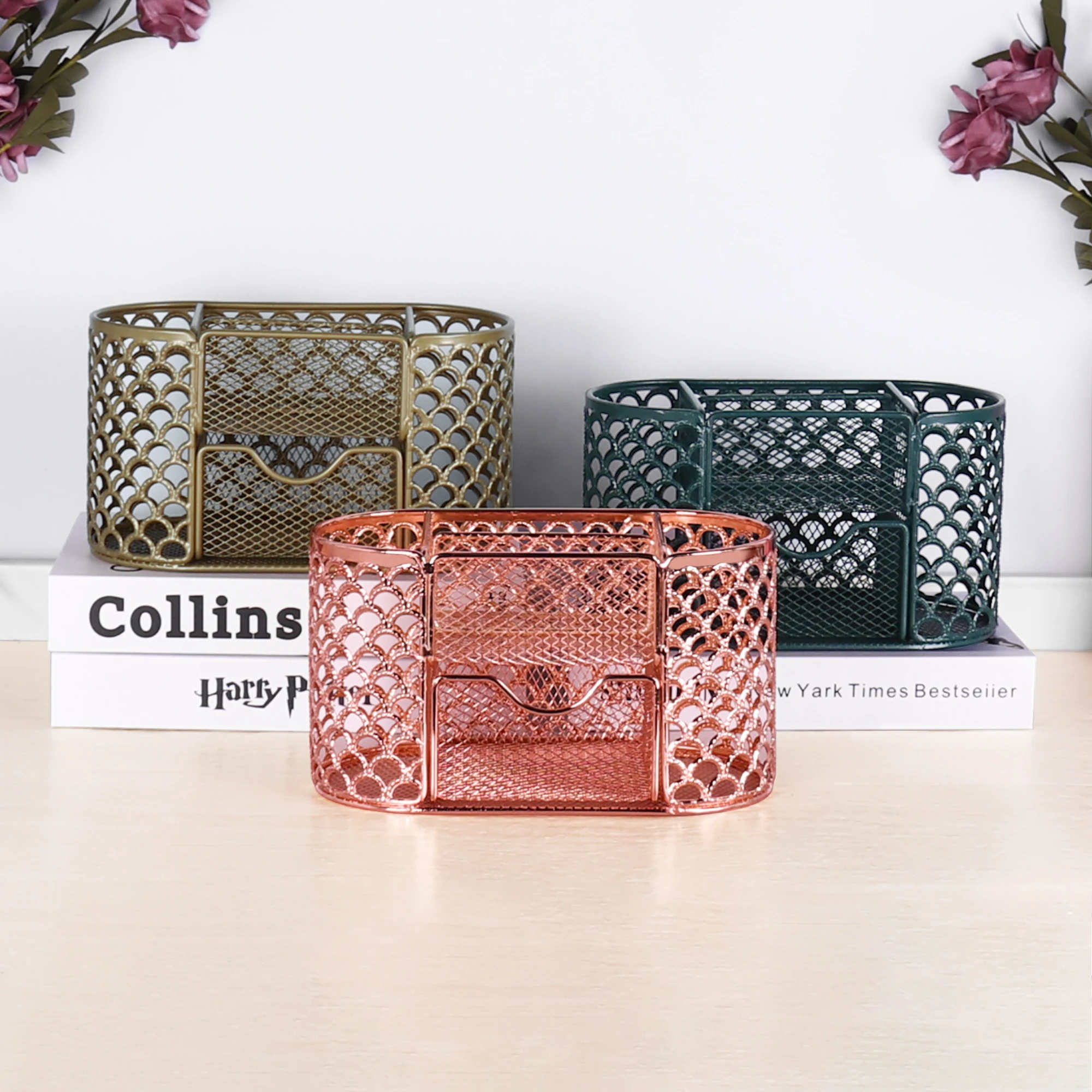 Hot sell 6 compartments mesh table rose gold desk organizer