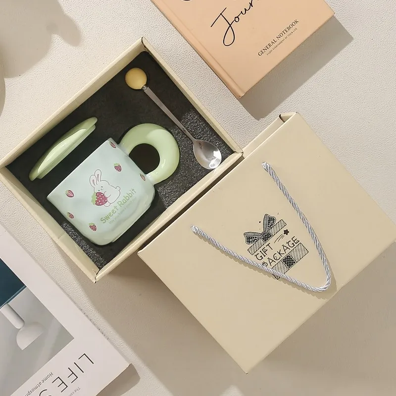 New cute 400ml cartoon Rabbit ceramic mug with cover spoon sweet gift box ceramic coffee milk Cup