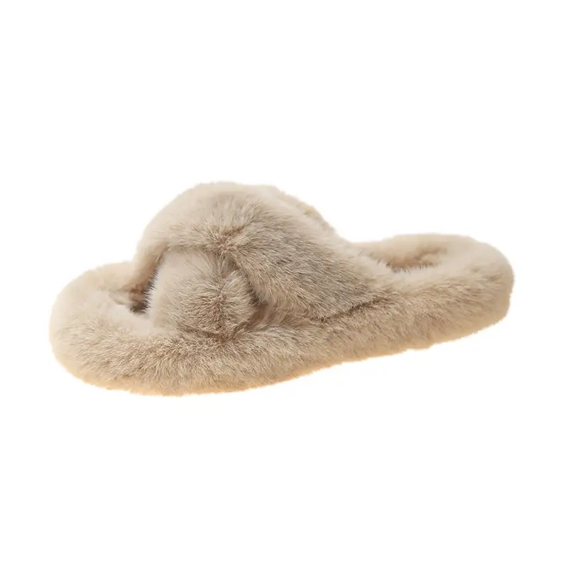 China Factory Home Shoes Ladies Cross Soft Plush Furry  Open Toe Slides Women Faux Fur Slippers
