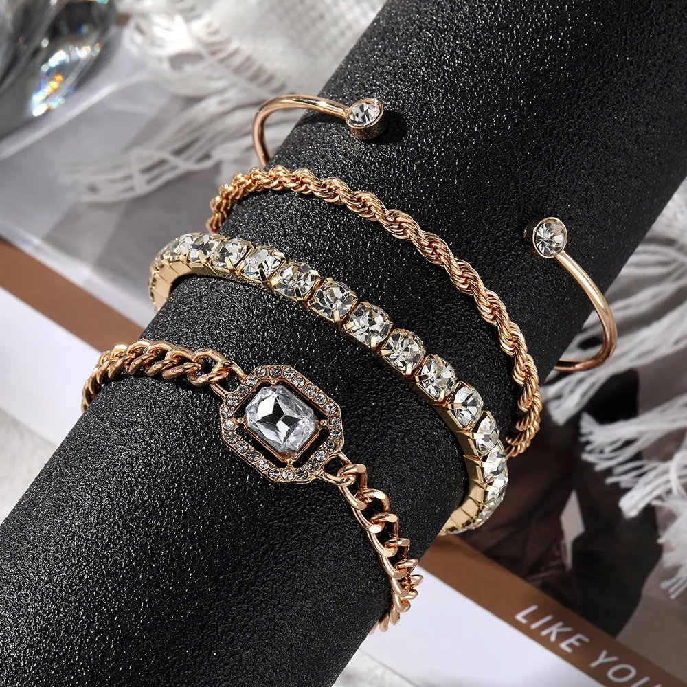 Wholesale Vintage Gold plated Bracelets Set for Women Crystal 4 pcs Chain Punk Cuban Link Charm Bracelet Bangle Fashion Jewelry