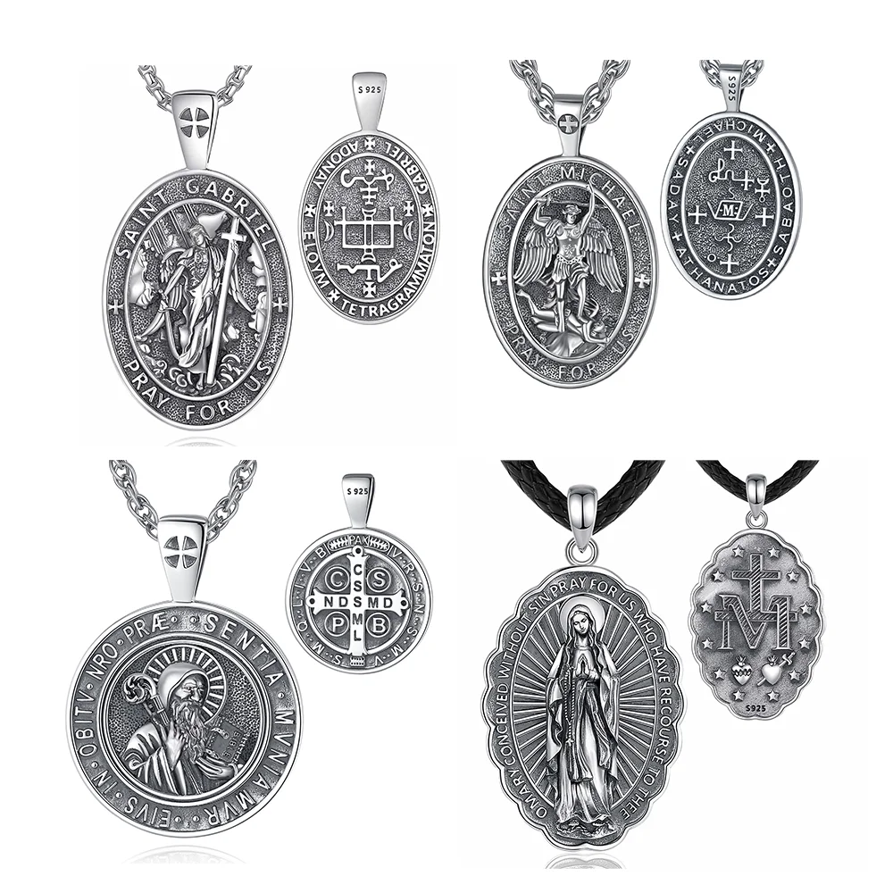 Changda 925 Sterling Silver Miraculous Medal Jesus Amulet Medal Jewelry Saint St Christopher Pendant Necklace for Men