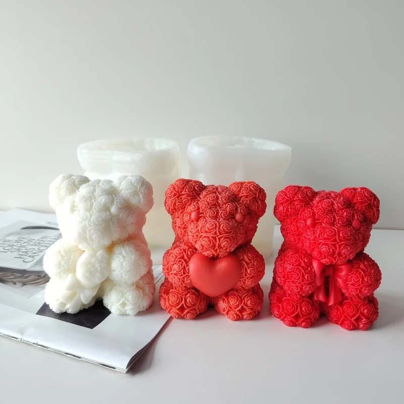J1209 New Design Bedroom Decor Birthday Party Gifts Wedding Souvenirs 3D Cute Rose Bear Silicone Candle Mold