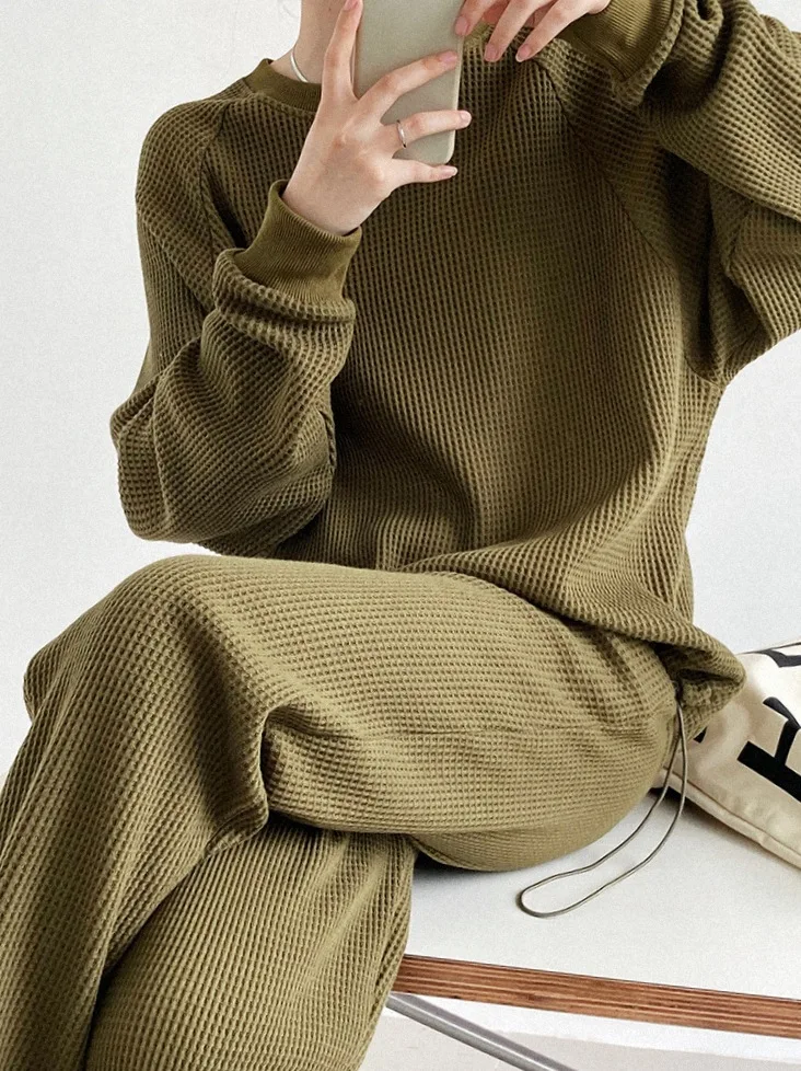 Waffle sweatshirt corset sweatshirt women two-piece autumn loose fashion high quality  casual sports suit women