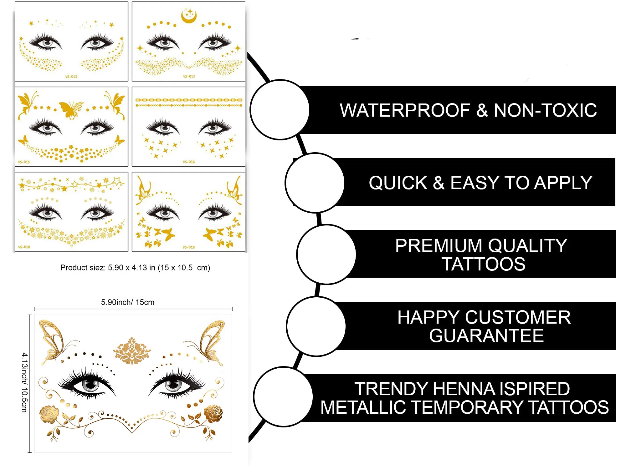 Face Tattoo Sticker Metallic Temporary Gold Halloween Makeup Dancer Costume Parties Waterproof Face Metallic Tattoo Sticker