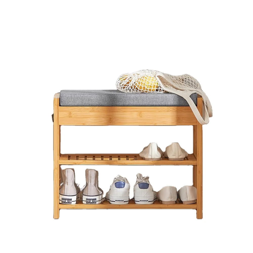 shoe rack bamboo Shoe changing stool with seat cushion drawer stool  entrance shoe changing stool