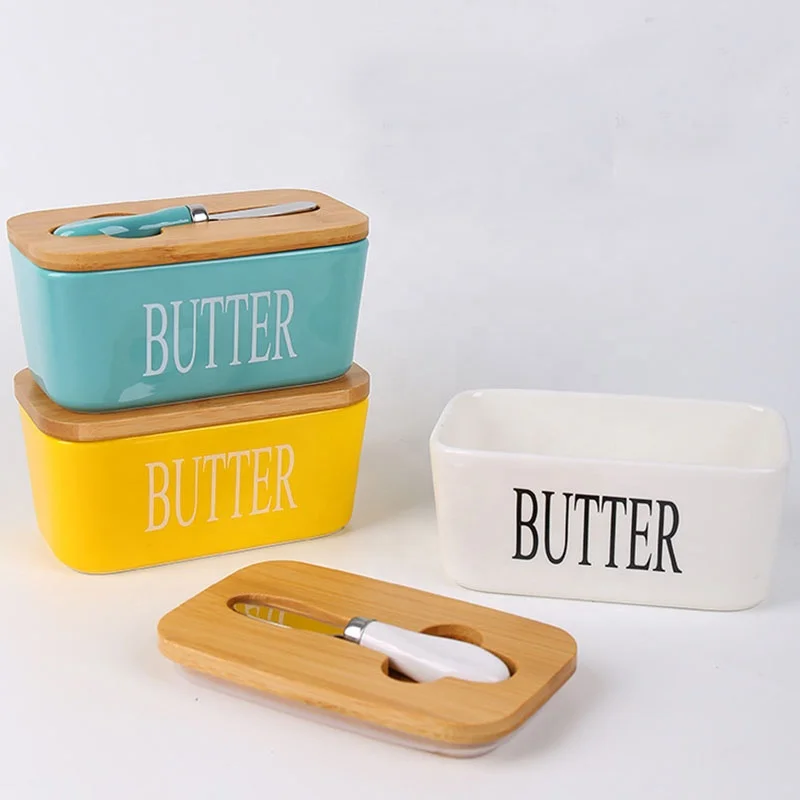 Butter Dish Butter Keeper Container&Knife With Bamboo Lid Ceramics Box Silicone Sealing Nordic Style Butter Dishes