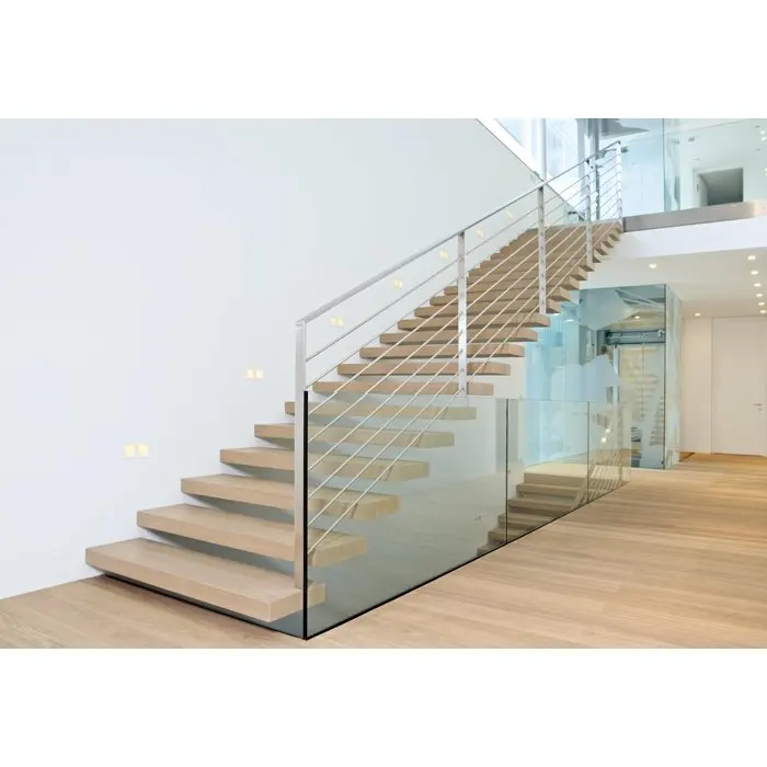 ACE Modern Floating Glass Railing Wooden Treads Staircase For Interior From Foshan Factory
