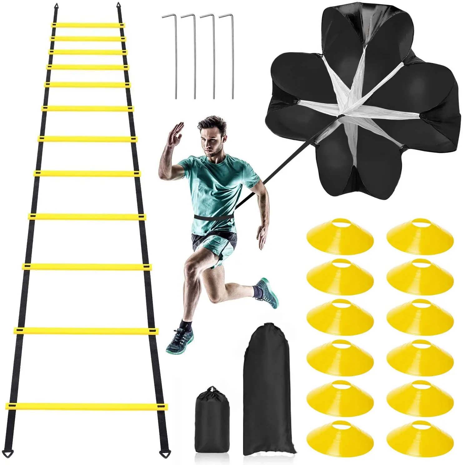 Speed & Agility Training Set with TPE Ladder Resistance Parachute 12 Disc Cones 4 Steel Stakes