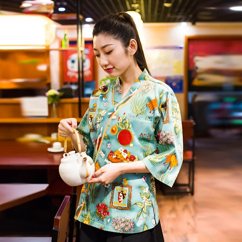 Japanese Style Vintage Chefs Clothes Kimono Style Half Sleeve Uniform Sushi Restaurant Chef Jacket Izakaya Waitress Workwear