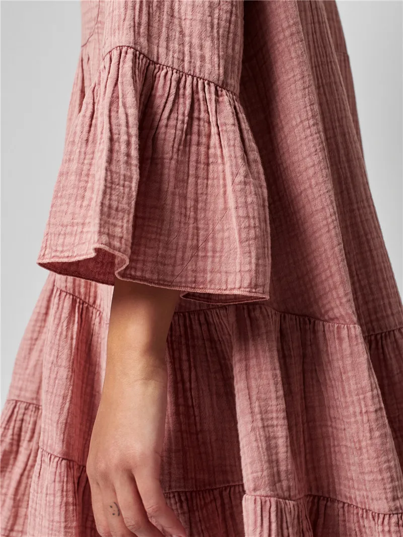 2022 Hot Sale Ladies Long Sleeve V Neck Button Front High Low Hem Summer Beach Cotton Gauze Dress