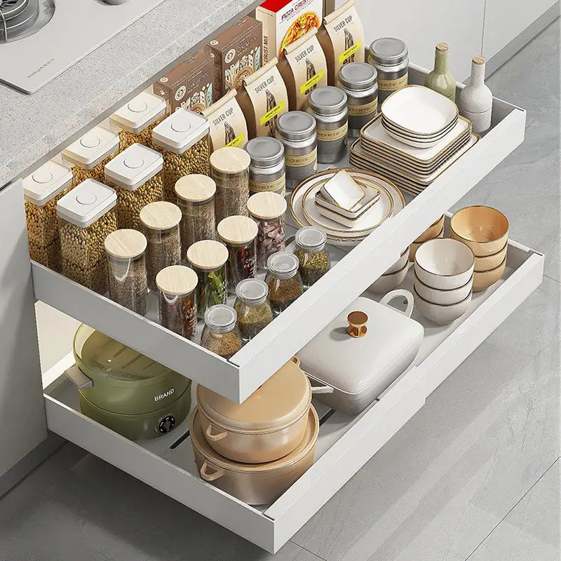 Retractable Kitchen Pull-Out Basket white Kitchen cabinets mesa slide spice rack tableware organization basket storage drawers