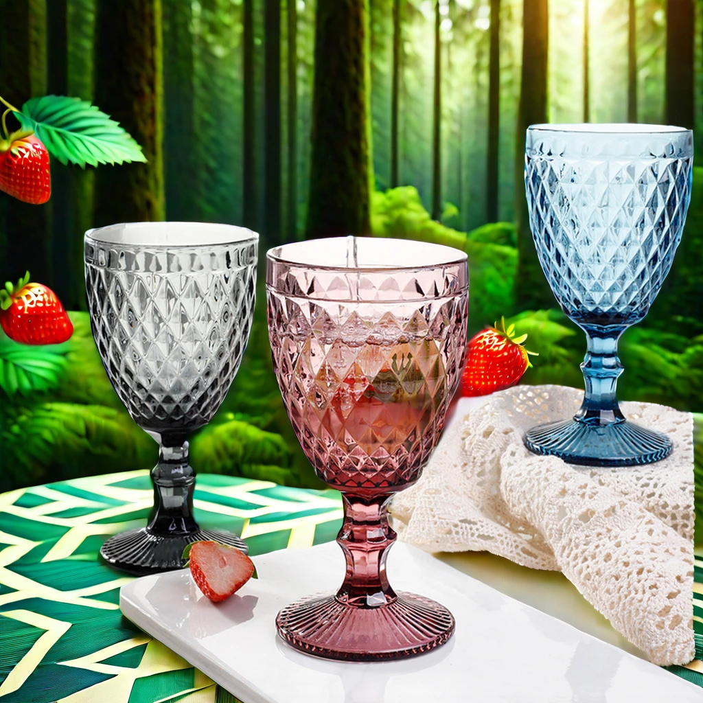 Wholesale Vintage Embossed Blue Wine Goblet Portable Food Grade Glass Water Cup Reusable Glassware Hotel Use Colored Wholesale