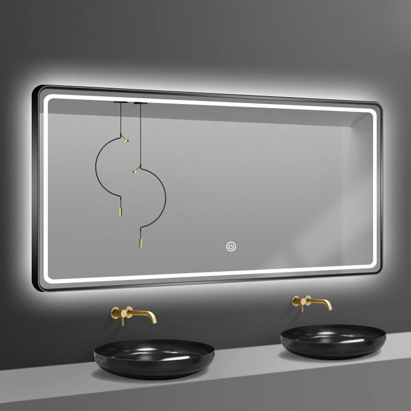  Bathroom wall metal frame LED gold mirror Hotel toilet makeup Black smart